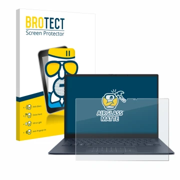 Parte frontal de un envase de producto con el logotipo de la marca BROTECT. Al lado se muestra el dispositivo ASUS ZenBook 14 