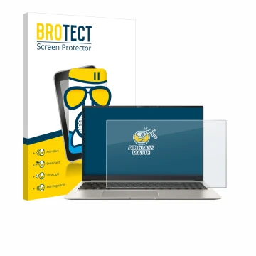 Parte frontal de un envase de producto con el logotipo de la marca BROTECT. Al lado se muestra el dispositivo ASUS ZenBook 15 