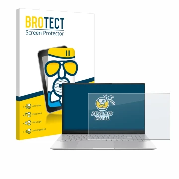 Parte frontal de un envase de producto con el logotipo de la marca BROTECT. Al lado se muestra el dispositivo ASUS Vivobook S 
