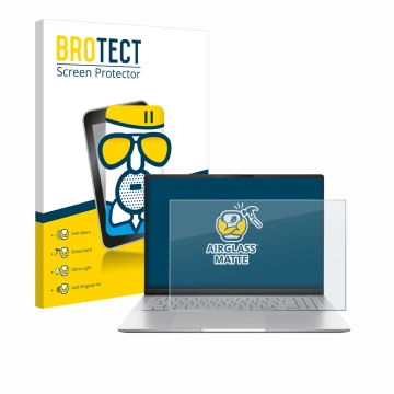 Parte frontal de un envase de producto con el logotipo de la marca BROTECT. Al lado se muestra el dispositivo ASUS Vivobook S1