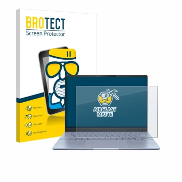 Parte frontal de un envase de producto con el logotipo de la marca BROTECT. Al lado se muestra el dispositivo ASUS Vivobook S 