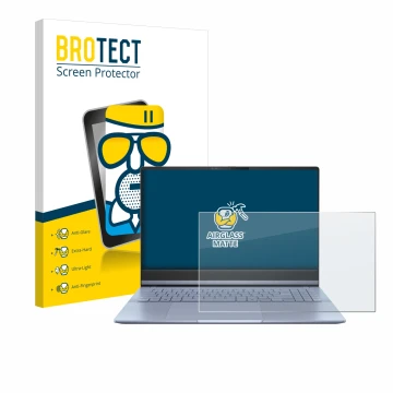 Parte frontal de un envase de producto con el logotipo de la marca BROTECT. Al lado se muestra el dispositivo ASUS Vivobook S 