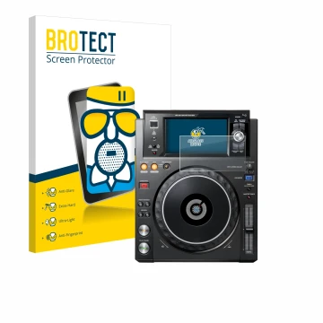 Parte frontal de un envase de producto con el logotipo de la marca BROTECT. Al lado se muestra el dispositivo Pioneer XDJ -100