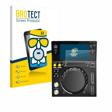 Parte frontal de un envase de producto con el logotipo de la marca BROTECT. Al lado se muestra el dispositivo Pioneer XDJ -700
