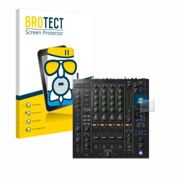 Parte frontal de un envase de producto con el logotipo de la marca BROTECT. Al lado se muestra el dispositivo Pioneer DJM A9 c