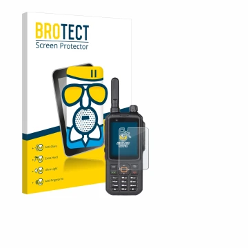 Parte frontal de un envase de producto con el logotipo de la marca BROTECT. Al lado se muestra el dispositivo Inrico T320 con 