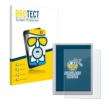 Parte frontal de un envase de producto con el logotipo de la marca BROTECT. Al lado se muestra el dispositivo Boox Go 10.3 con