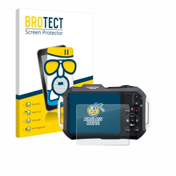 Parte frontal de un envase de producto con el logotipo de la marca BROTECT. Al lado se muestra el dispositivo Ricoh Pentax WG-