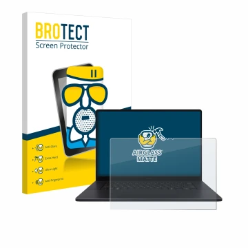 Parte frontal de un envase de producto con el logotipo de la marca BROTECT. Al lado se muestra el dispositivo ASUS ProArt P16 