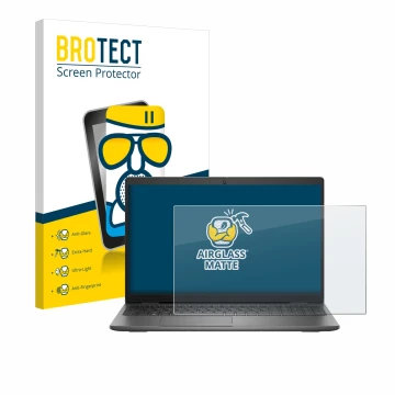 Parte frontal de un envase de producto con el logotipo de la marca BROTECT. Al lado se muestra el dispositivo Dell Latitude 15