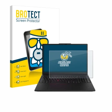 Parte frontal de un envase de producto con el logotipo de la marca BROTECT. Al lado se muestra el dispositivo Lenovo ThinkPad 