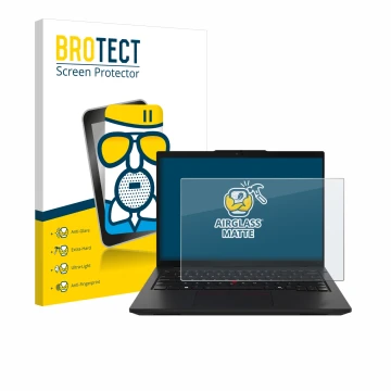 Parte frontal de un envase de producto con el logotipo de la marca BROTECT. Al lado se muestra el dispositivo Lenovo ThinkPad 