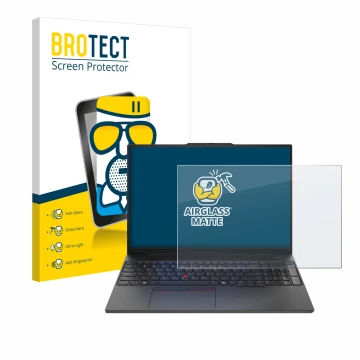 Parte frontal de un envase de producto con el logotipo de la marca BROTECT. Al lado se muestra el dispositivo Lenovo ThinkPad 
