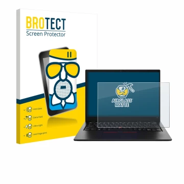 Parte frontal de un envase de producto con el logotipo de la marca BROTECT. Al lado se muestra el dispositivo Lenovo ThinkPad 