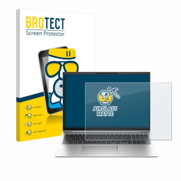 Parte frontal de un envase de producto con el logotipo de la marca BROTECT. Al lado se muestra el dispositivo HP EliteBook 845