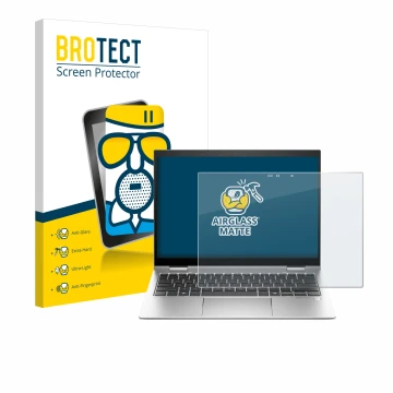 Parte frontal de un envase de producto con el logotipo de la marca BROTECT. Al lado se muestra el dispositivo HP Elite x360 83