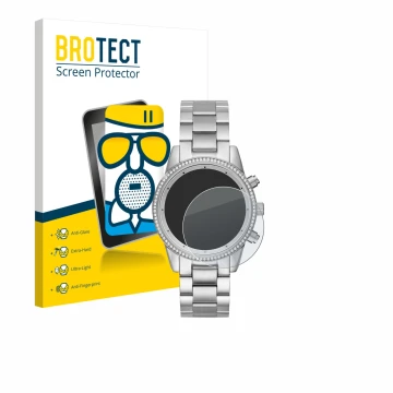 Parte frontal de un envase de producto con el logotipo de la marca BROTECT. Al lado se muestra el dispositivo Michael Kors Rit