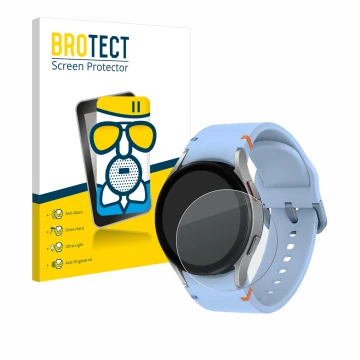 Parte frontal de un envase de producto con el logotipo de la marca BROTECT. Al lado se muestra el dispositivo Samsung Galaxy W