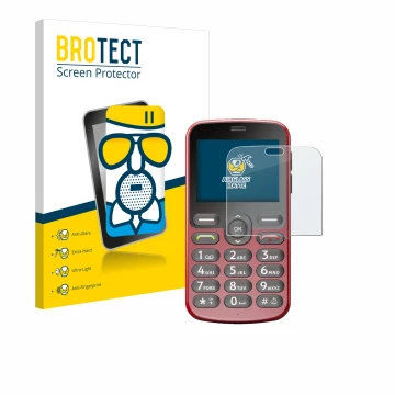 Parte frontal de un envase de producto con el logotipo de la marca BROTECT. Al lado se muestra el dispositivo Doro 1880 con su