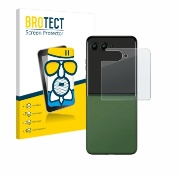 Parte frontal de un envase de producto con el logotipo de la marca BROTECT. Al lado se muestra el dispositivo Motorola Razr 50