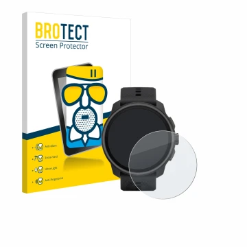 Parte frontal de un envase de producto con el logotipo de la marca BROTECT. Al lado se muestra el dispositivo Suunto Race S co