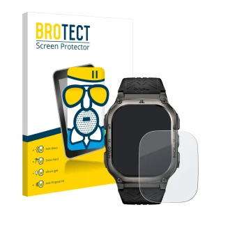 Parte frontal de un envase de producto con el logotipo de la marca BROTECT. Al lado se muestra el dispositivo Kospet Tank M3 c