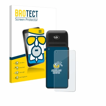 Parte frontal de un envase de producto con el logotipo de la marca BROTECT. Al lado se muestra el dispositivo Verifone T650c c