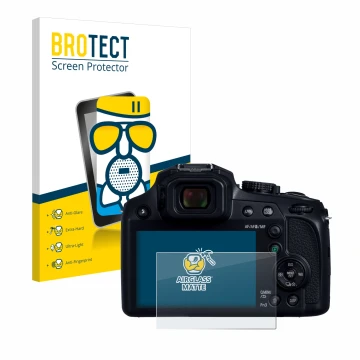 Parte frontal de un envase de producto con el logotipo de la marca BROTECT. Al lado se muestra el dispositivo Panasonic Lumix 