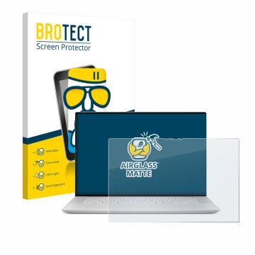 Parte frontal de un envase de producto con el logotipo de la marca BROTECT. Al lado se muestra el dispositivo Dell XPS 16 9640