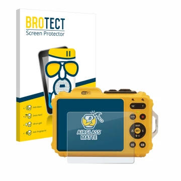 Parte frontal de un envase de producto con el logotipo de la marca BROTECT. Al lado se muestra el dispositivo Kodak Pixpro WPZ