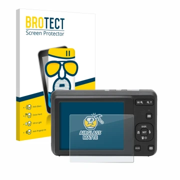 Parte frontal de un envase de producto con el logotipo de la marca BROTECT. Al lado se muestra el dispositivo Kodak Pixpro FZ5