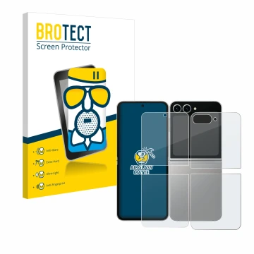 Parte frontal de un envase de producto con el logotipo de la marca BROTECT. Al lado se muestra el dispositivo Samsung Galaxy Z