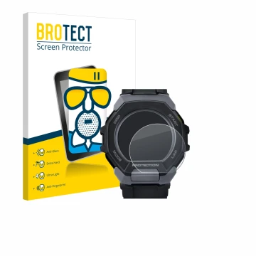 Parte frontal de un envase de producto con el logotipo de la marca BROTECT. Al lado se muestra el dispositivo Casio G-Shock G-