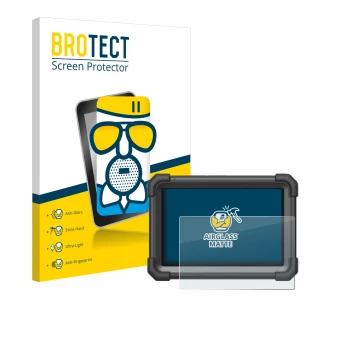 Parte frontal de un envase de producto con el logotipo de la marca BROTECT. Al lado se muestra el dispositivo Launch X-431 Pro