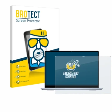 Parte frontal de un envase de producto con el logotipo de la marca BROTECT. Al lado se muestra el dispositivo Dell Inspiron 14