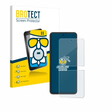 Parte frontal de un envase de producto con el logotipo de la marca BROTECT. Al lado se muestra el dispositivo Nubia Flip 5G co