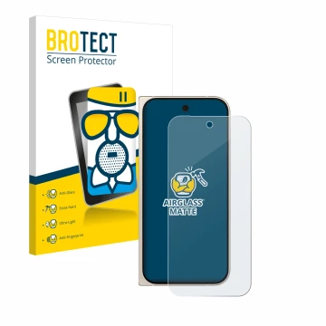 Parte frontal de un envase de producto con el logotipo de la marca BROTECT. Al lado se muestra el dispositivo Google Pixel 9 P