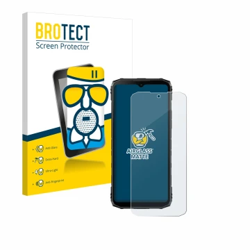 Parte frontal de un envase de producto con el logotipo de la marca BROTECT. Al lado se muestra el dispositivo Doogee Blade 10 