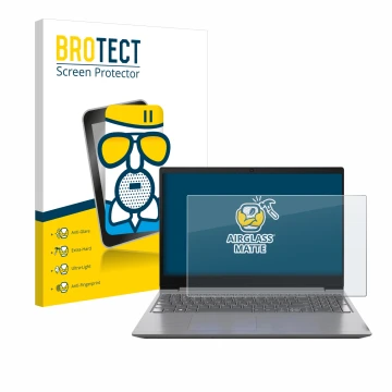 Parte frontal de un envase de producto con el logotipo de la marca BROTECT. Al lado se muestra el dispositivo Lenovo 15.6