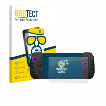 Parte frontal de un envase de producto con el logotipo de la marca BROTECT. Al lado se muestra el dispositivo ASUS ROG Ally X 