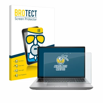 Parte frontal de un envase de producto con el logotipo de la marca BROTECT. Al lado se muestra el dispositivo HP ZBook Fury 16