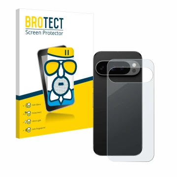 Parte frontal de un envase de producto con el logotipo de la marca BROTECT. Al lado se muestra el dispositivo Google Pixel 9 P