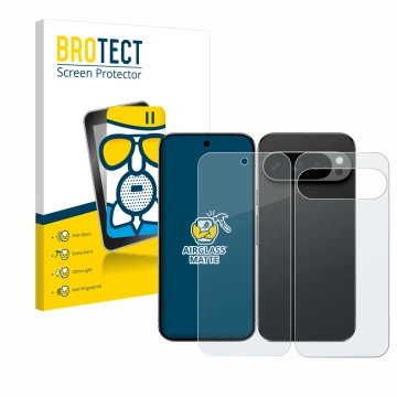 Parte frontal de un envase de producto con el logotipo de la marca BROTECT. Al lado se muestra el dispositivo Google Pixel 9 P