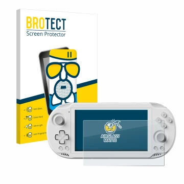 Parte frontal de un envase de producto con el logotipo de la marca BROTECT. Al lado se muestra el dispositivo AYN Odin 2 Mini 