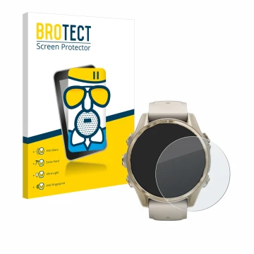 Parte frontal de un envase de producto con el logotipo de la marca BROTECT. Al lado se muestra el dispositivo Garmin Fenix 8 (