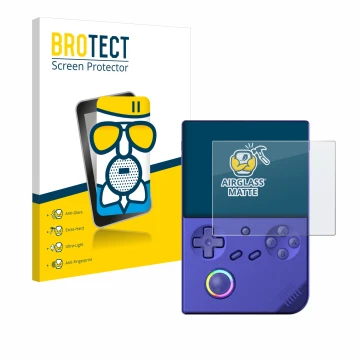 Parte frontal de un envase de producto con el logotipo de la marca BROTECT. Al lado se muestra el dispositivo Anbernic RG40XXV