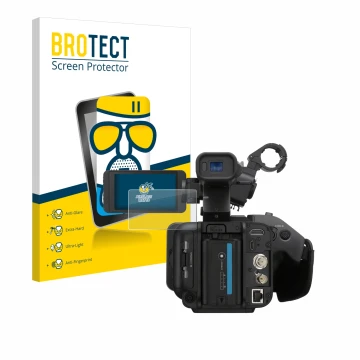 Parte frontal de un envase de producto con el logotipo de la marca BROTECT. Al lado se muestra el dispositivo Sony PXW-Z200 co