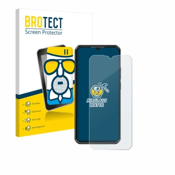 Parte frontal de un envase de producto con el logotipo de la marca BROTECT. Al lado se muestra el dispositivo Oukitel WP50 con