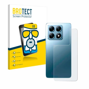 Parte frontal de un envase de producto con el logotipo de la marca BROTECT. Al lado se muestra el dispositivo Xiaomi 14T Pro (