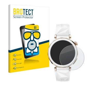 Parte frontal de un envase de producto con el logotipo de la marca BROTECT. Al lado se muestra el dispositivo Huawei Watch GT 